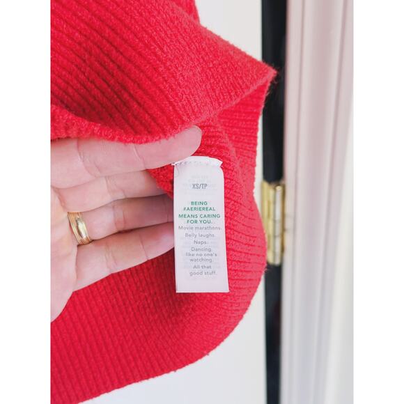 Aerie unREAL Cable Crew Knit Sweater Bold Red Oversized XS Holiday Cozy Winter - Picture 5 of 7